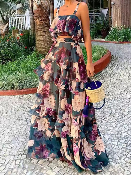 Conjunto de 2 piezas para mujer, tirantes finos y estampado floral, falda larga con volantes, informal, verano - 1