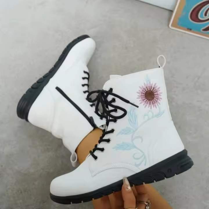 2025 Botas Martin con punta redonda y estampado alto bordado para mujer, botas cortas planas con cordones, otoño e invierno - 1