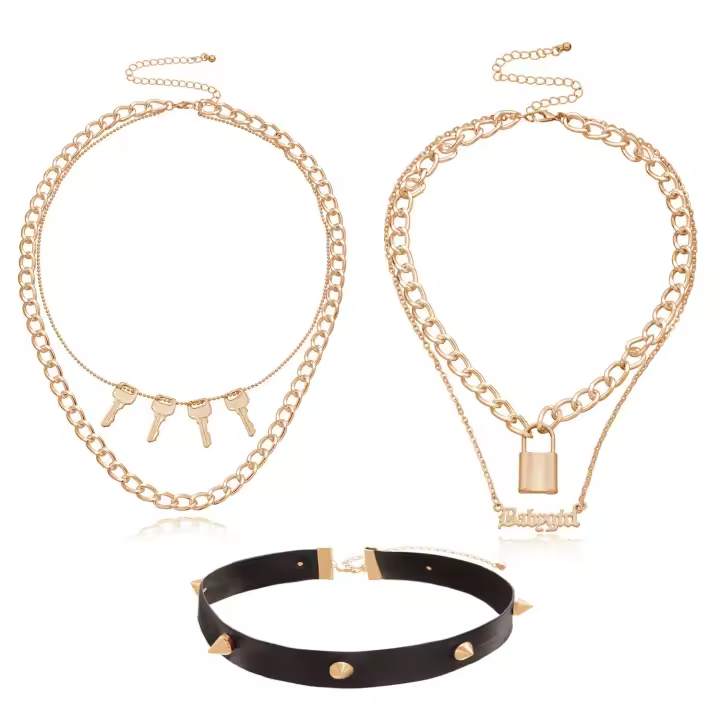 Collar multicapa con remaches Punk de cuero Pu para mujer, collar con colgante con cierre de letra inglesa - 1