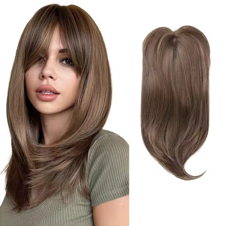 Topper de pelo liso en capas con flequillo, extensiones de cabello con Clip, postizos de pelo sintético, postizos naturales ombré de 20 pulgadas - 1