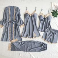 Lencería sexy de seda de imitación para mujer, conjunto de cinco piezas con tirantes, ropa de casa, albornoces y pamas de talla grande - details 3