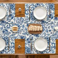 4 manteles individuales de cachemira beige, manteles de poliéster de 12x18 pulgadas con motivos florales azules, utilizados para restaurantes de primavera y - details 0