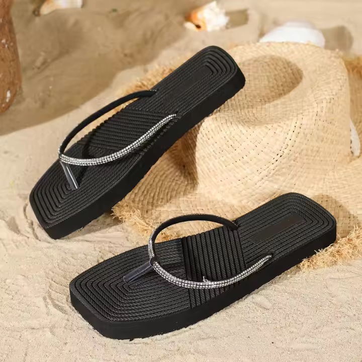 Chanclas de Moda para Mujer en Verano Cabeza Cuadrada, Suela de Cuero Sintético, Resistente al Desgaste, Zapatos de Playa con Diamantes de Imitación - 1