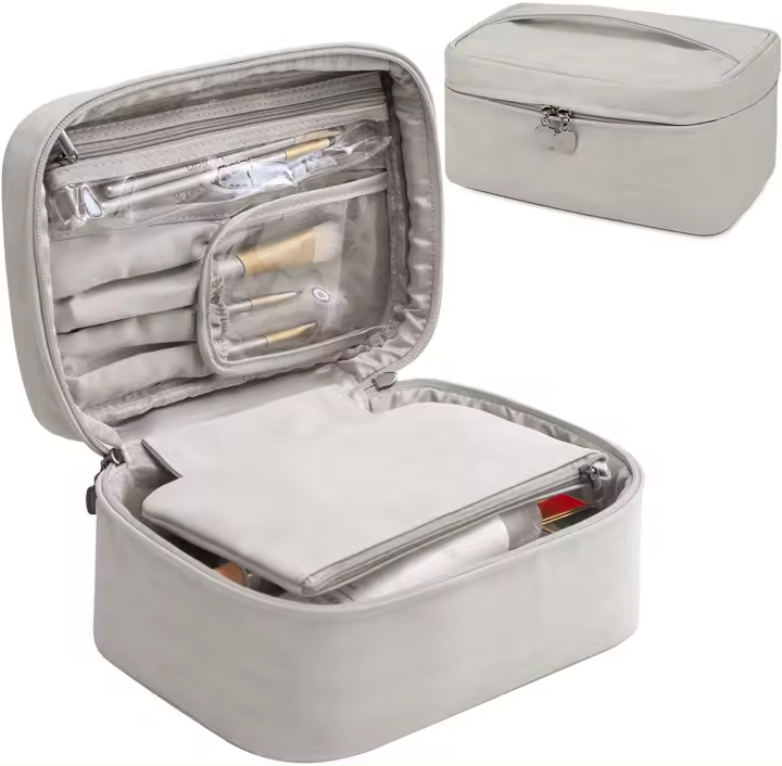 Bolsas de maquillaje 2 en 1, bolsa de maquillaje de viaje gris portátil, para mujeres y niñas - 1