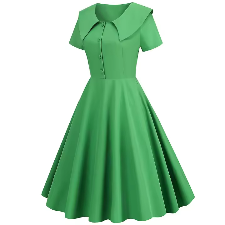 Vestido Medieval de manga corta con solapa para mujer, color liso, corte en A, C - 1