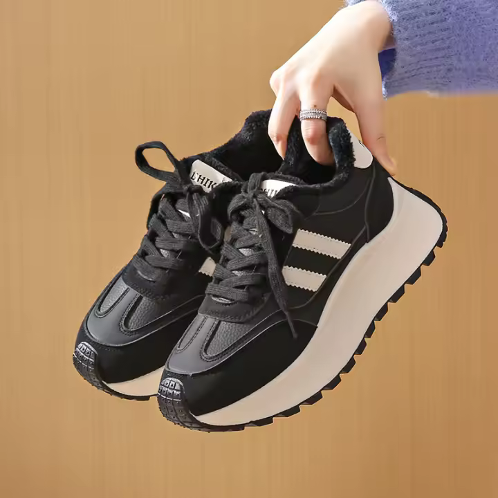 Zapatos de Mujer de Invierno 2024 Zapatillas de Tablero Esparcedido Grueso con Suela de Cuero y Polvo de Vellón Aumento de Altura - 1