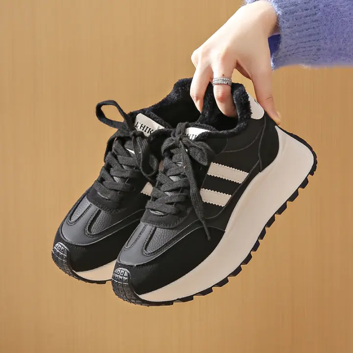 Zapatos de Mujer de Invierno 2024 Zapatillas de Tablero Esparcedido Grueso con Suela de Cuero y Polvo de Vellón Aumento de Altura - 1