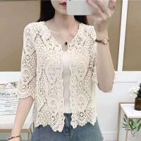 Cárdigan de punto corto de ganchillo hueco Ence para mujer, floral, mangas 3/4, frente abierto, F3MD - details 7