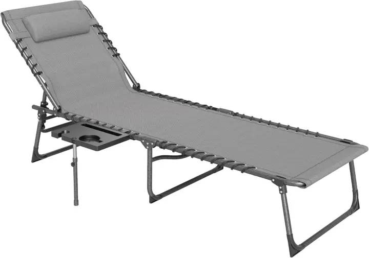 Tumbona Plegable Tumbona Jardín Exterior con Respaldo Ajustable Reposacabezas Bolsillo Lateral Bandeja y Estructura de Acero Carga 120 kg para Terraza Piscina Playa 190x60x31 cm Crema - 1