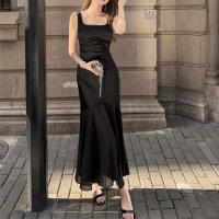 Camisola de satén con cuello en U para mujer, falda larga con diseño de temperamento de alta sociedad, falda larga con cola de pez, vestido formal francés - details 6