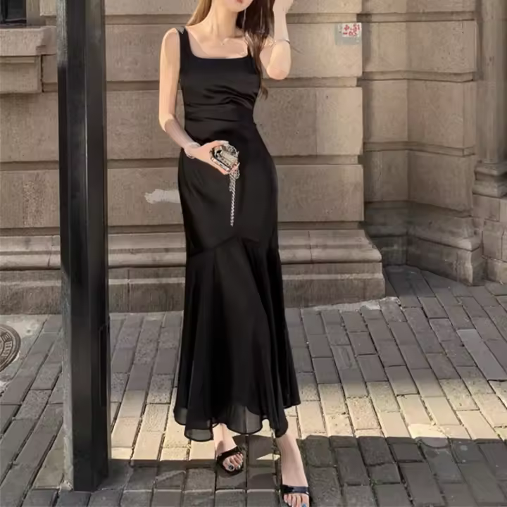 Camisola de Satén U-cuello para Mujer Vestido Formular Francés de Cola de Pescado Largo de Verano - 1