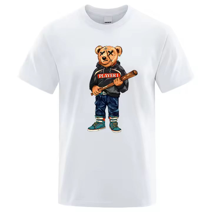 Camiseta holgada de algodón para hombre, ropa informal de manga corta de gran tamaño, con estampado de oso de peluche, a la moda, estilo Hip Hop - 1