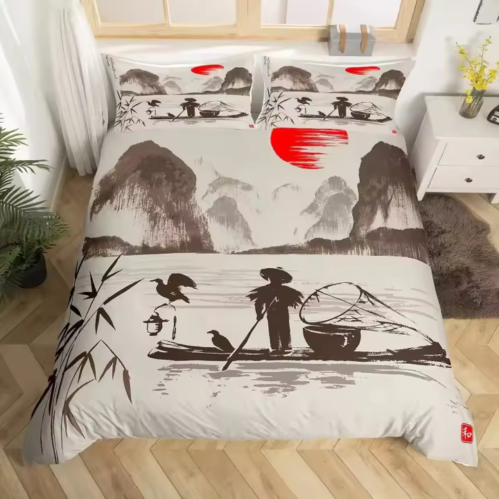 Juego de Funda de Edredón de Bambú de Lujo Retro Floral Tamaño de Cama Rey con Estampado de Árboles de Bambú - 1