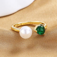 Anillo de Perla Abierto de Lujo de Esmeralda Diseño de Nicho de Oro Plateado de Alta Gama - details 1