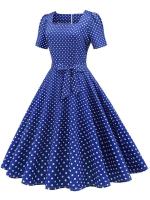Vestido midi elegante informal para mujer con lunares, cuello Peter Pan, cintura alta y corte en A - details 24