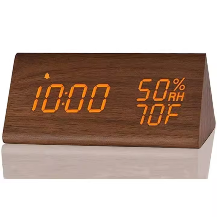 Reloj despertador de madera con pantalla LED de tiempo, cargador USB, detección de humedad y temperatura, despertador Digital para mesita de noche - 1