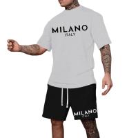 Conjunto casual de dos piezas para hombre, selección de camiseta de manga corta con cuello redondo y pantalones cortos con cordón para primavera y verano. - details 1