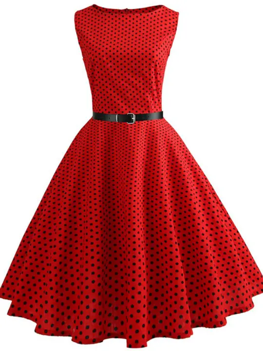 Dot print women hepburn 50s 60s swing vintage a-line party dresses with belt - 1