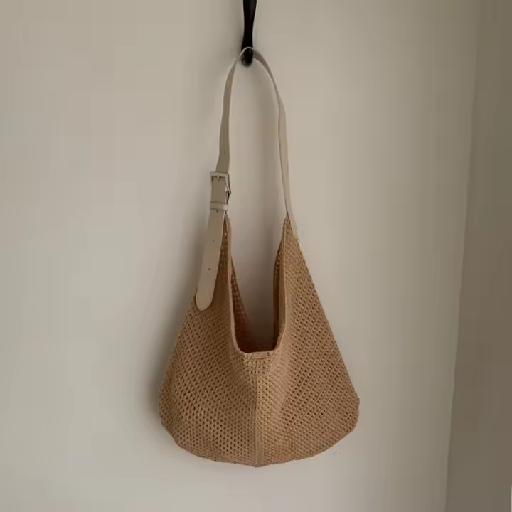 Bolso de hombro, bolso de punto ahuecado, bolso de hilo de algodón, bolso de mano de ganchillo, bolso de paja de playa bohemio de gran capacidad para estudiantes - 1