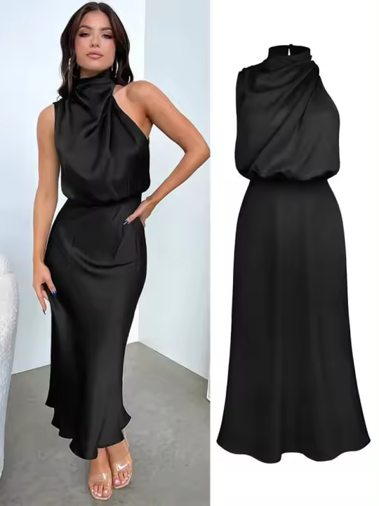 BUNO-Vestido largo sin mangas de satén de seda de gama alta para mujer, vestidos elegantes a la moda para celebridades, vestido de noche, ropa de fiesta para mujer - 1