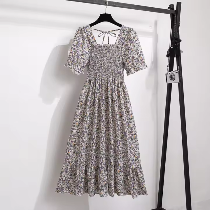 Summer new high-end retro design temperament waist floral dress women - 1