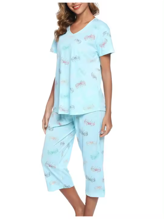 Conjunto de pantalones cortos de manga corta Conjunto de ropa de estar de punto de algodón Conjunto de pijamas de mujer de talla grande - 1