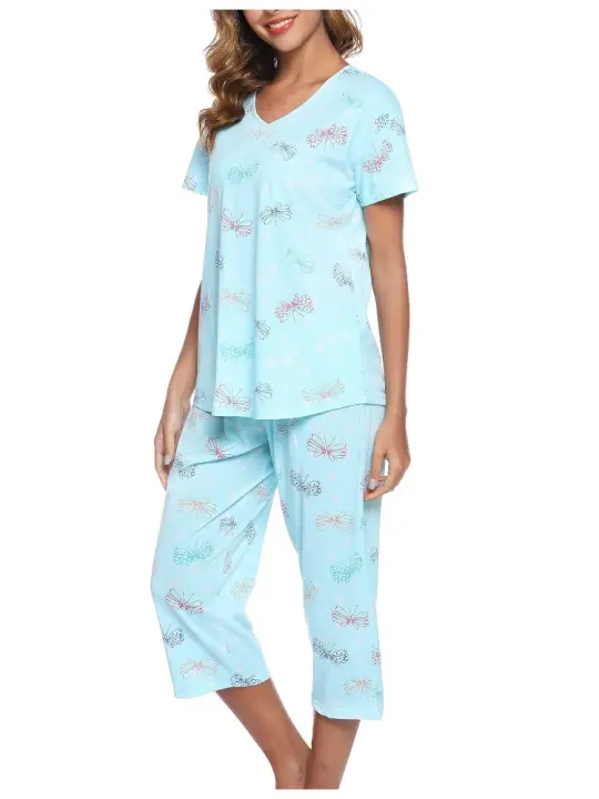 Conjunto de pantalones cortos de manga corta Conjunto de ropa de estar de punto de algodón Conjunto de pijamas de mujer de talla grande - 1