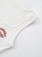 Sanhu Lianjiang Conjunto de pantalones cortos con chaleco y tirantes de diamantes de imitación rojos sin mangas con cuello en U para mujer - details 18