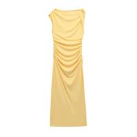 Elegante Vestido de Verano Largo TRAFZA 2025 Vestido Amarillo con Cuello Redondo y Pliegues, Sin Mangas con Cremallera - details 0