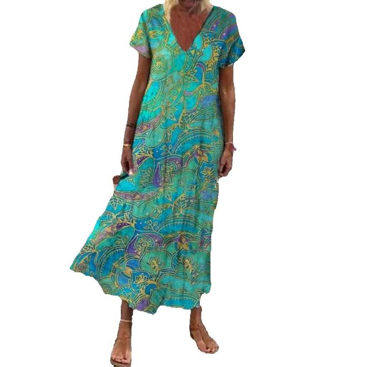 Vestido Floral Midi bohemio Vintage para mujer, falda de manga larga, cuello redondo, primavera, verano, azul, amarillo, 42, 40, 38