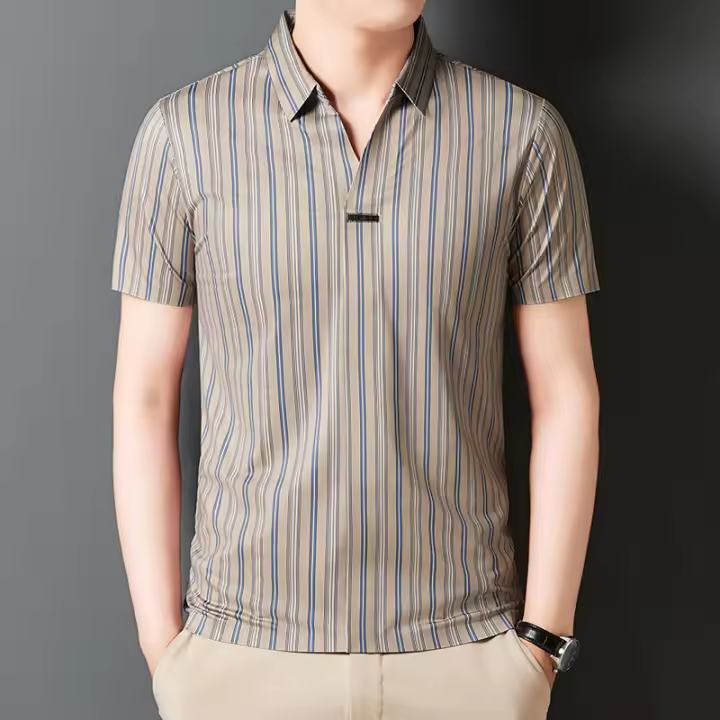 Polo de manga corta estampado sin costuras de verano para hombre, camiseta elástica a rayas con cuello en V, tendencia empresarial - 1