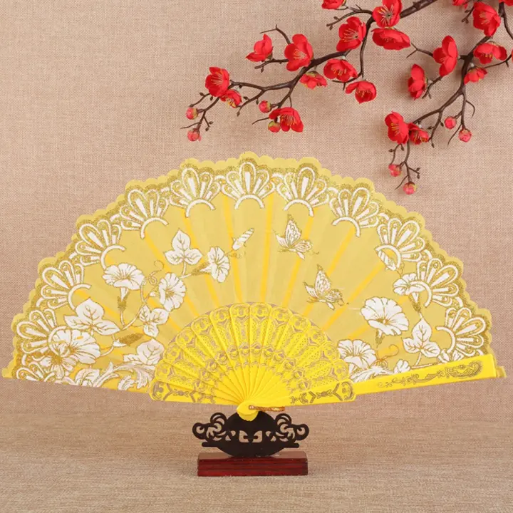 Útil abanico plegable de mano de estilo chino, abanico decorativo de encaje con mango de plástico con anillo de ventilador, abanico plegable Vintage, regalo para mujer - 1
