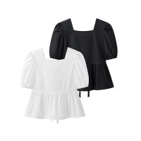 OUWU- Camisa Corta De Manga Abullonada Para Mujer De, Cuello Cuadrado Simple, Espalda Plisada, Puños Elásticos Sólidos, Dobladillo Suelto Informal, Blusa Corta, Nueva Camisa Elegante Para Primavera Y Verano - details 1