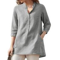 Elegante lino de algodón para mujer, informal con solapas, botones lisos, camisas holgadas de manga 3/4 para otoño e invierno, blusas tipo túnica - details 3