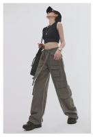Pantalones vaqueros de pierna ancha holgados grises, ropa de calle de cintura alta, pantalones Cargo para mujer, pantalones Hippie para correr, ropa - details 3