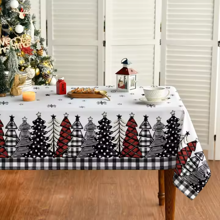 Árboles de Navidad, cuadros de búfalo, decoración rectangular negra para comedor, mantel impermeable para mesa, suministros para fiesta de Navidad - 1