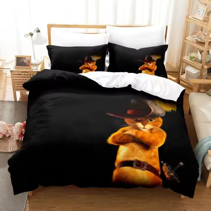 Conjunto de Cama de Lujo 3D de Película Puss in Boots Sábana de Alta Calidad, Suavidad Poliéster, Cubierta de Duvet Exquisita Regalo Perfecto para Niños y Niñas - 1
