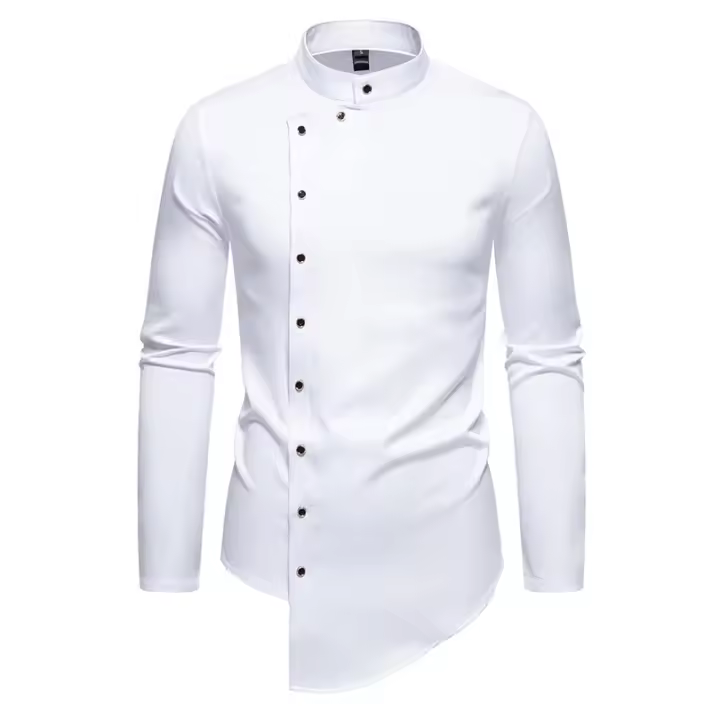 Camisa de Largo Pliegue para Hombres en Otoño Diseño Irregular Elegante Cuello de Standing - 1