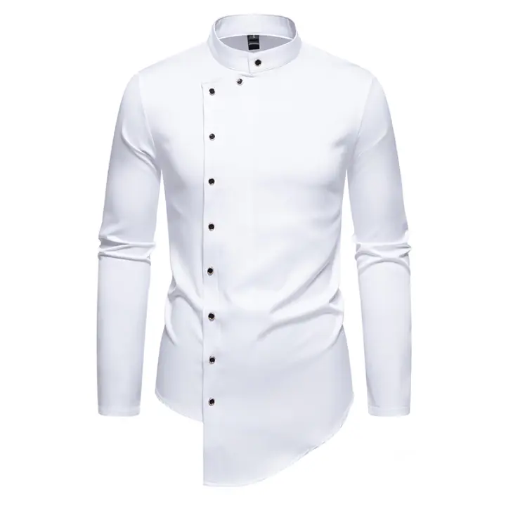 Camisa de Largo Pliegue para Hombres en Otoño Diseño Irregular Elegante Cuello de Standing - 1
