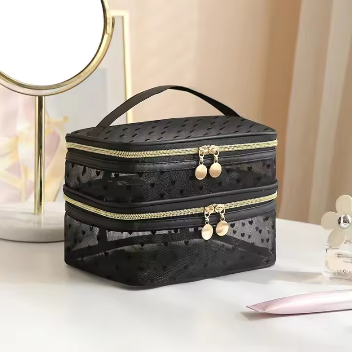 Bolsa de maquillaje grande de red de doble capa negra, organizador de cosméticos portátil con cierre de cremallera, bolsa de almacenamiento para viajes - 1