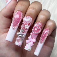 Uñas extra largas lados franceses uñas de uñas hechas a mano diamantes corazones perlas accesorios piezas de uñas de alta calidad - details 0