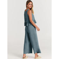 Conjunto casual de verano para mujer, top sin mangas plisado y pantalones cortos de pierna ancha - details 30