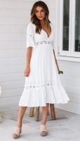 BUNO-Vestido elegante de lujo para mujer, moda blanca con escote en V profundo, encaje empalmado, vestido cómodo y fresco de verano, trajes de fiesta de boda - details 7