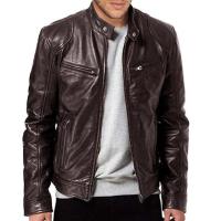 Chaqueta de Cuero para Hombres en Otoño Cuello de Stood, Estilo Motocicleta, Negro y Marrón - details 3
