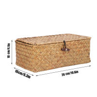Cesta de estante de almacenamiento hecha a mano con tapa, organizador de maquillaje tejido de ratán Rectangular, contenedor multiusos, caja Natural - details 1