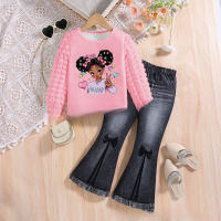 Traje de niña, top de manga de burbuja de cuello redondo para niña, conjunto de dos piezas de pantalón de cuerno de mezclilla de imitación - details 2