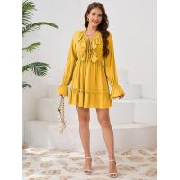 Vestido elegante de manga larga con cuello en V para mujer, vestido corto con volantes, color sólido, informal, nuevo en promoción - details 10