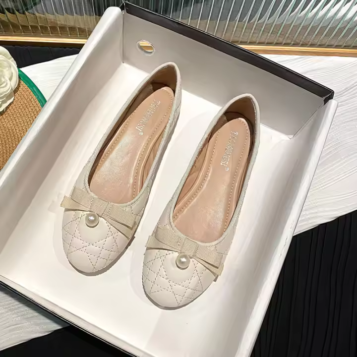 Arco perla boca poco profunda cabeza redonda fondo plano piel de oveja zapatillas de ballet. - 1