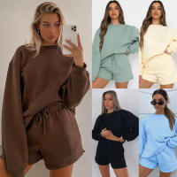 Wind Conjunto de pantalones cortos y sudadera con cuello redondo informal holgado de Color puro para mujer - details 1