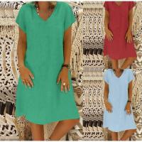 Vestido casual de verano para mujer con escote en V, color liso, algodón y lino, manga corta. - details 1